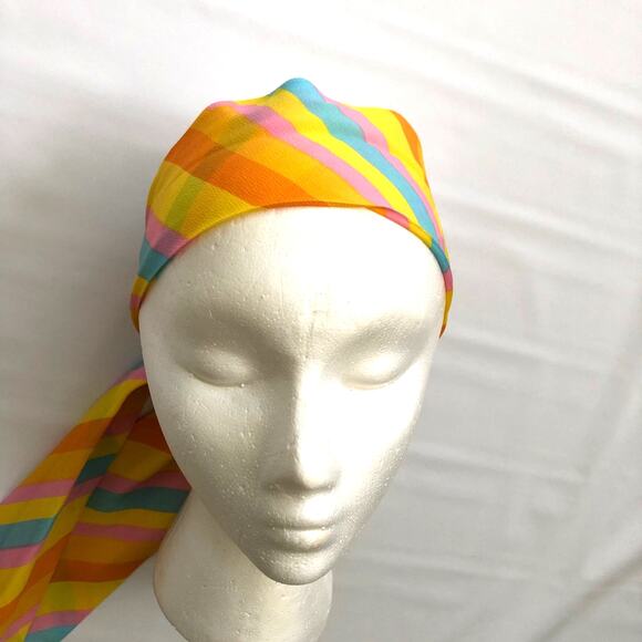 Striped Scarf in Pink Yellow Blue Orange, Retro Vintage Fringed Pastel Office - Picture 2 of 10